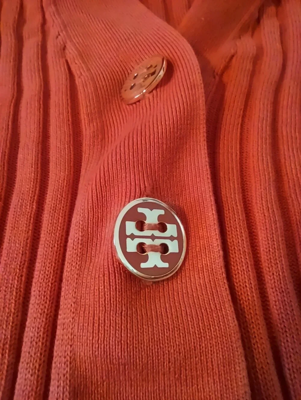 Tory Burch coral orange ribbed cardigan with logo buttons size XS 100% cotton